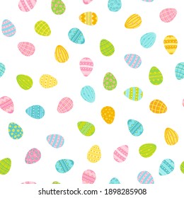 Spring background with painted Easter eggs. Digital paper. Vector hand-drawn illustration in pastel colors. Ideal for textiles, fabric printing