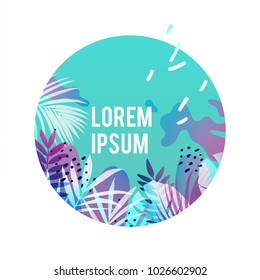 Spring background with palm leaves and memphis elements. Vector illustration.