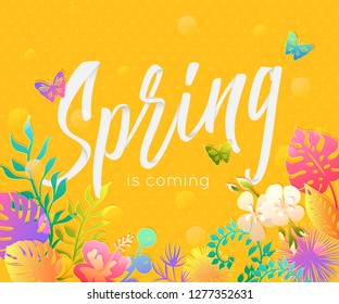 Spring background with paper cut flowers and leaves