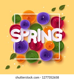 Spring background with paper cut flowers and leaves