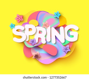 Spring background with paper cut flowers and leaves