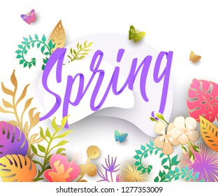 Spring background with paper cut flowers and leaves. Springtime
