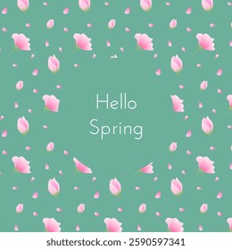 Spring background with pattern of sakura flowers. Floral frame. Botanical vector illustration on green backdrop
