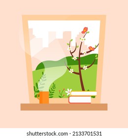 Spring Background Picture - Mug Of Tea With Stack Of Books On Windowsill. Vector Illustration.