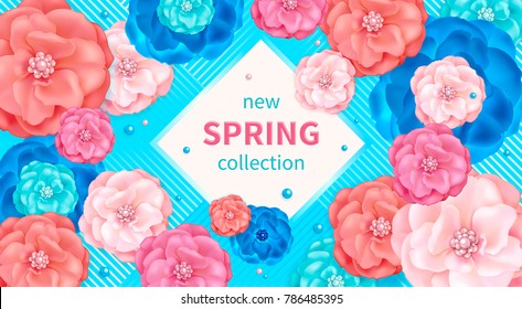 Spring background with pink, blue and turquoise decorative flowers. Design for greeting cards, calendars, banners, posters, invitations.