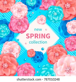 Spring background with pink, blue and turquoise decorative flowers. Design for greeting cards, calendars, banners, posters, invitations.