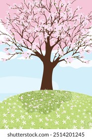 Spring Background with Pink Cherry tree blossom on hill, in gardenVector cute cartoon rural nature landscape with cloud blue sky,foliage,flower in park,Vertical Banner for Eater banner