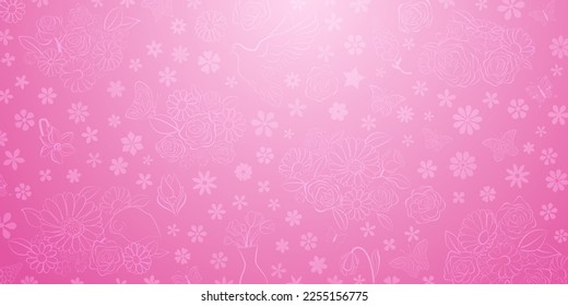 Spring background in pink colors made of various flowers, birds and butterflies