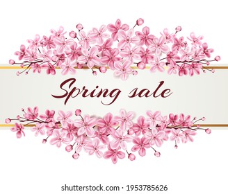 Spring background with pink flowering cherry branch. Design for seasonal spring sale. Vector illustration.