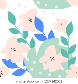 Spring background with pink flowers and leaves. Seamless floral background. Scandinavian design. 