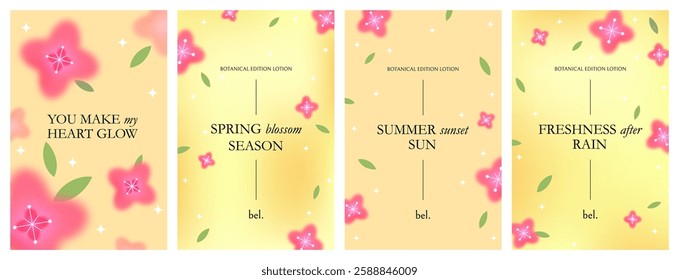 Spring Background with Pink Sakura Flowers and Yellow Gradient. Vector Abstract Floral Posters Design. Blurry Spring Gradients