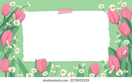 Fondo primaveral con tulipanes rosados y margaritas. Fondo de las flores para el diseño.