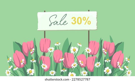 Spring background with pink tulips and daisies. Flowers background for design.