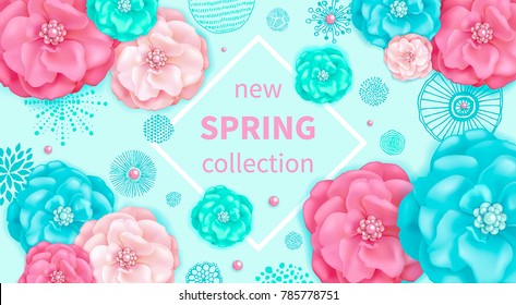 Spring background with pink and turquoise decorative flowers, abstract hand drawn elements. Design for greeting cards, calendars, banners, posters, invitations.