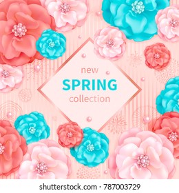 Spring background with pink and turquoise decorative flowers, abstract hand drawn elements. Design for greeting cards, calendars, banners, posters, invitations.