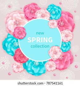 Spring background with pink and turquoise decorative flowers, abstract hand drawn elements. Design for greeting cards, calendars, banners, posters, invitations.