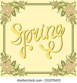 Spring background with place for text. Vector floral  banner with leaves and flowers. For inviting, greeting cards, labels.