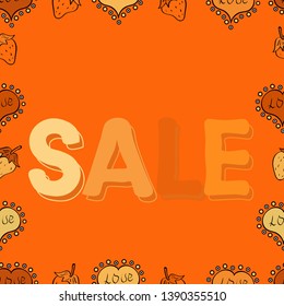 Spring background. Promotion offer with decoration on orange, beige and yellow colors. Seamless. Sale banner template with elements on colorful background. Card for saling. Vector illustration.