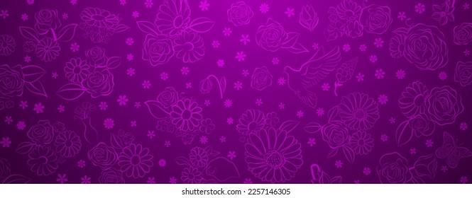 Spring background in purple colors made of various flowers, birds and butterflies