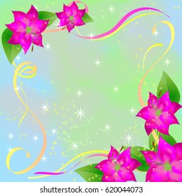 spring background of purple flowers with leaves with ribbons . pastel