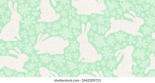 Spring background with rabbits and mint flowers. Easter, Chinese new year or Mid-Autumn seamless pattern. Bunnies on green flower field. Vector floral background with spring summer rabbit silhouettes