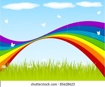 Spring background with rainbow and butterflies.