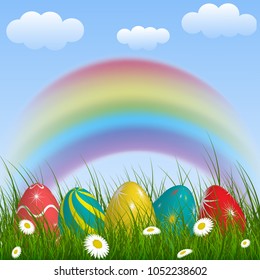 Spring background with rainbow, green grass, flowers, clouds and Easter eggs. Vector illustration
