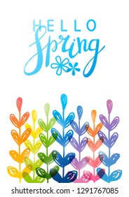 Spring background with rainbow herbal silhouettes