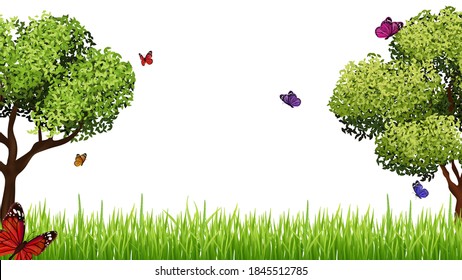Spring background. Realistic green grass meadow, tree and flying butterfly. Easter, blooming season vector banner template