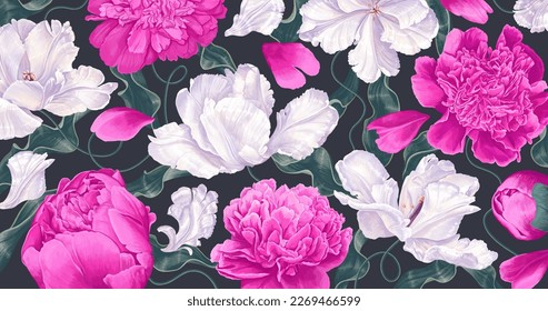 Spring background realistic white and pink tulips and peonies. Detailed vector hand-drawn inflorescences, petals and leaves for wallpapers, banners, social networks, personal blogs, clothing prints