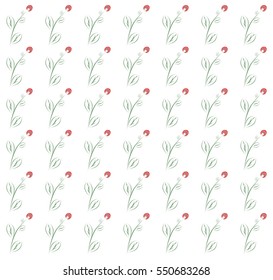 Spring background with red flowers with green leaves and stems in a row side by side and one below the other on a white background