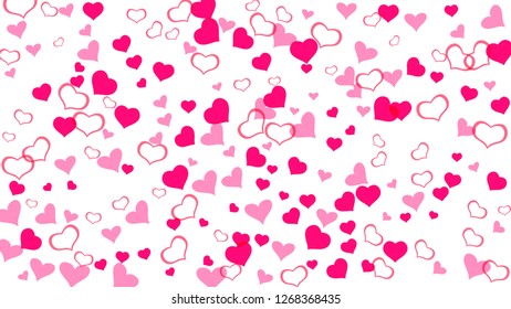 Spring background. Red hearts of confetti crumbled. Part of the design of wallpaper, textiles, packaging, printing, holiday invitation for Valentine's Day. Red on White background Vector.