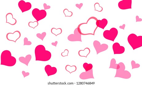 Spring background. Red hearts of confetti crumbled. Red on White background Vector. The idea of wallpaper design, textiles, packaging, printing, holiday invitation for birthday.