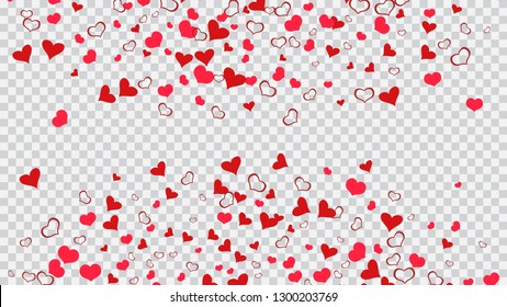 Spring background. Red hearts of confetti are falling. The idea of wallpaper design, textiles, packaging, printing, holiday invitation for birthday. Red on Transparent background Vector.