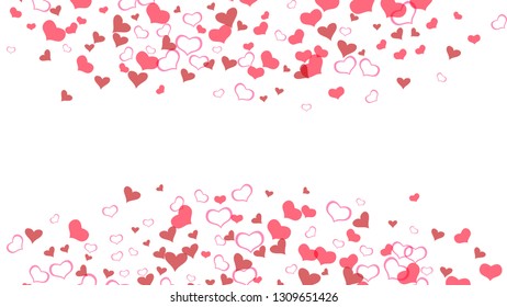 Spring background. Red hearts of confetti are flying. A sample of wallpaper design, textiles, packaging, printing, holiday invitation for Valentine's Day. Red on White background Vector.