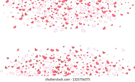 Spring background. Red hearts of confetti are flying. Part of the design of wallpaper, textiles, packaging, printing, holiday invitation for Valentine's Day. Red on White fond Vector.