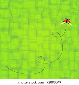 Spring background: red ladybird on delicate green background. Vector illustration.