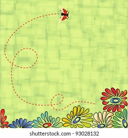 Spring background: red ladybird on delicate yellow background. Vector illustration.