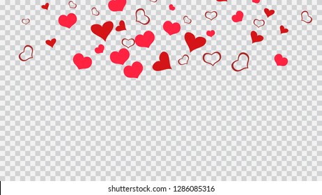 Spring background. Red on Transparent fond Vector. Design element for wallpaper, textiles, packaging, printing, holiday invitation for birthday. Red hearts of confetti crumbled.