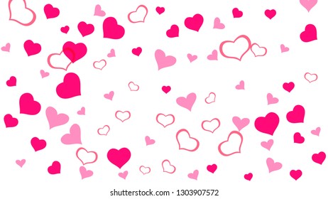 Spring background. Red on White fond Vector. A sample of wallpaper design, textiles, packaging, printing, holiday invitation for birthday. Red hearts of confetti are falling.