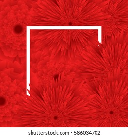 Spring background with red rose flowers and white frame. For greeting, invitation cards to birthday, March 8, Women's Day, wallpaper, sales background