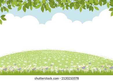Spring background with rural grass field landscape, green leaves border on blue sky background,Vector cute cartoon for Easter with copy space sky and cloud,Backdrop banner for Hello spring, Summer 