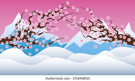 Spring background with sakura and mountains. Vector illustration