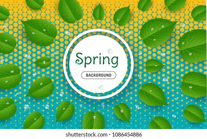 Spring background for sale with flying green leaves and circle frame. Fresh summer banner. Nature eco concept. Business backdrop with season offer. Vector design illustration.