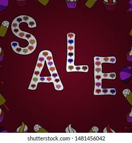 Spring background. Seamless. Card for saling. Vector illustration. Sale banner template with elements on colorful background. Promotion offer with decoration on red, white and black colors.