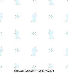 Spring background. Seamless pattern of cute white rabbits and lillies of valley on white background. Illustration in flat style. Vector 8 EPS.