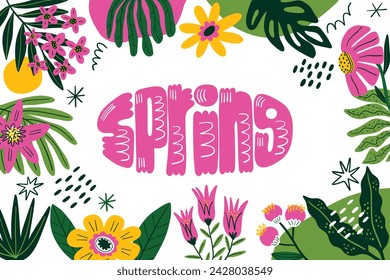 Spring Background. Spring season background. Cartoon Vector illustration design for Poster, Banner, Flyer, Greeting, Card, Cover, Post, Promotion. beautiful and colorful plants, leaves and flowers.