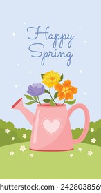 Frühlingshintergrund Hintergrund der Frühjahrssaison. Cartoon Vektor Illustration Design für Poster, Banner, Flyer, Gruß, Karte, Cover, Post, Promotion. schöne und bunte Pflanzen, Blätter und Blumen.