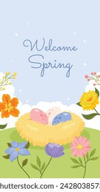 Spring Background. Spring season background. Cartoon Vector illustration design for Poster, Banner, Flyer, Greeting, Card, Cover, Post, Promotion. beautiful and colorful plants, leaves and flowers.
