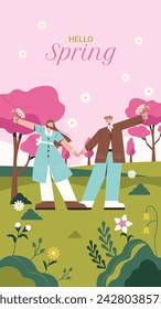 Spring Background. Spring season background. Cartoon Vector illustration design for Poster, Banner, Flyer, Greeting, Card, Cover, Post, Promotion. beautiful and colorful plants, leaves and flowers.